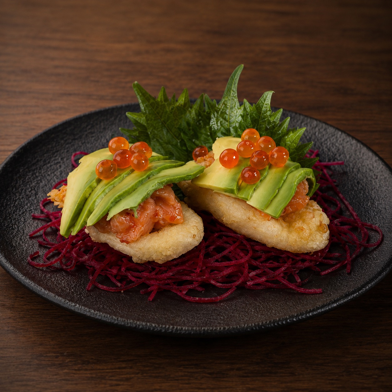 Calmar tempura et tartare de saumon